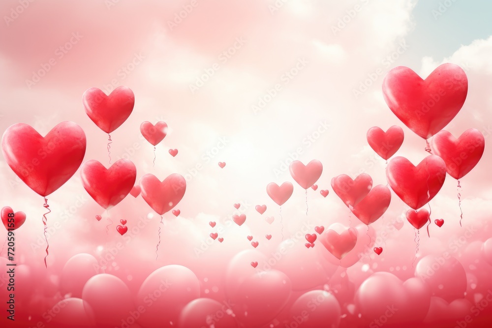 A vibrant display of heart-shaped balloons fills the sky, creating a joyous atmosphere, Valentine's day background with heart-shaped balloons, AI Generated
