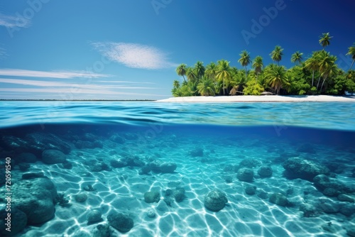This image captures the mesmerizing underwater scene of a tropical island with swaying palm trees, The Maldives sea scenery, AI Generated