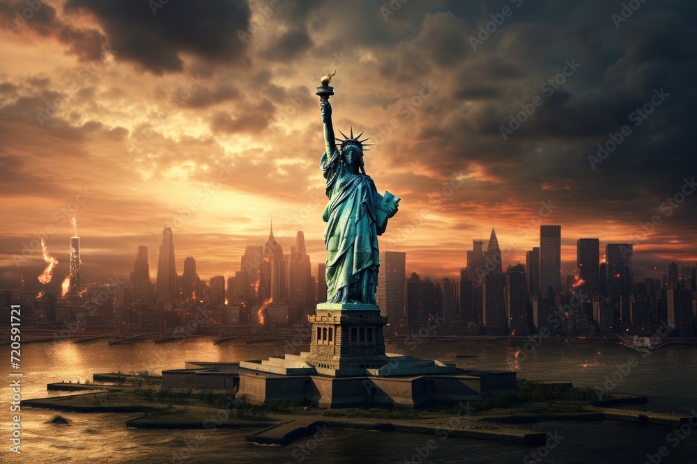 Fototapeta premium The famous Statue of Liberty, a symbol of freedom, stands tall in New York City, The Statue of Liberty over the scene of New York Cityscape riverside, which is located in lower Manhattan, AI Generated