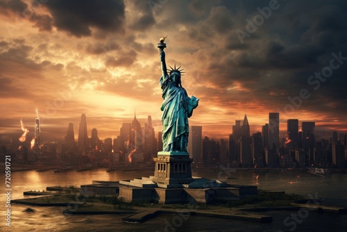 The famous Statue of Liberty, a symbol of freedom, stands tall in New York City, The Statue of Liberty over the scene of New York Cityscape riverside, which is located in lower Manhattan, AI Generated © Ifti Digital