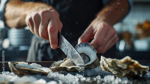 Precision and Craft Chef Shucking Fresh Oysters on Ice