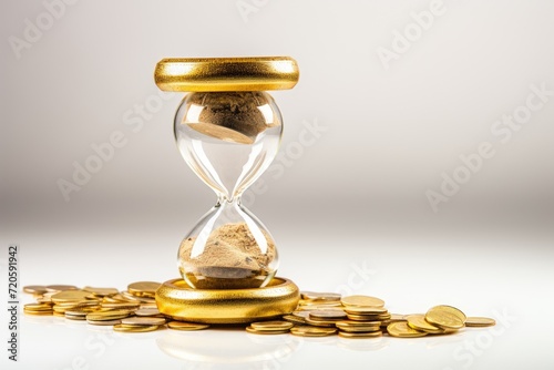 An hourglass sits atop a stack of gold coins, showcasing the passage of time and the value of money, Time is money concept with an hourglass and gold coins on a white background, AI Generated