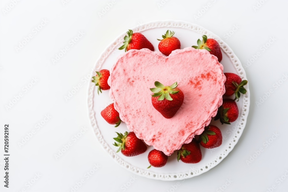 Strawberry cake in the shape of heart, on white plate, minimalist, flat lay