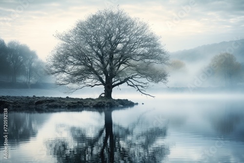 A single tree stands tall and alone in the middle of a peaceful lake, embraced by breathtaking natural surroundings, Tree reflected in river on a misty morning, AI Generated