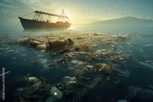 Polluted Sea, Global Pollution Concept, Plastic ecology ocean sea water underwater pollution trash. Eco world problem,Ai generated
