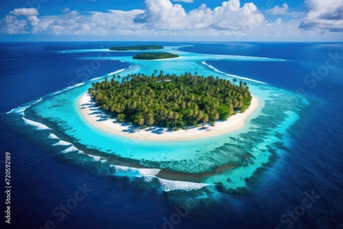 Discover a remote and serene island in the middle of the ocean, a perfect escape for nature lovers and explorers, Tropical island in the Indian Ocean, Maldives, aerial view, AI Generated
