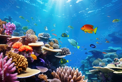 Diverse Fish Species Swimming in a Vibrant Coral Reef Environment, Underwater life of the Red Sea, showcasing a colorful and beautiful underwater world, AI Generated