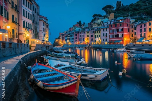Mystic landscape of the harbor with colorful houses and the boats in Porto Venero, Italy, Liguria in the evening in the light of lanterns photo