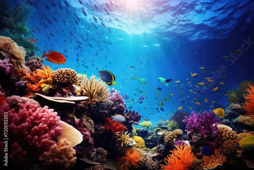 Underwater View of Colorful Coral Reef Teeming With Marine Life, Underwater life of the Red Sea, showcasing a colorful and beautiful underwater world, AI Generated © Ifti Digital