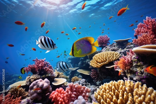 A diverse group of fish swim over a vibrant and colorful coral reef, Underwater view of a coral reef with various fishes and a yellow butterflyfish, AI Generated © Ifti Digital