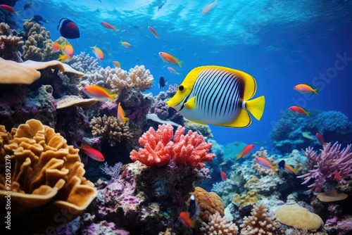 A fish gracefully glides over a stunning and colorful coral reef teeming with life  Underwater view of a coral reef with various fishes and a yellow butterflyfish  AI Generated