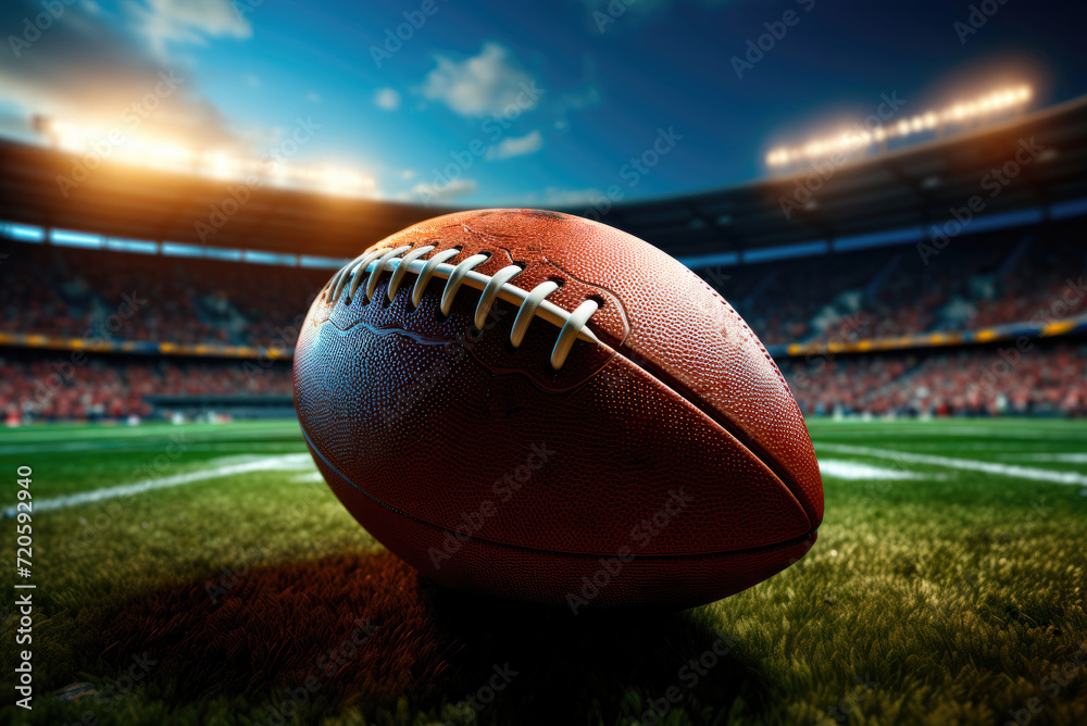 Baseball or an American football ball is lying on the lawn at the stadium Baseball or an American football ball is lying on the lawn at the stadium