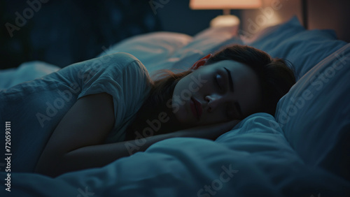 Beautiful young woman sleeping in bed at night. Girl lying down on the bed and sleeping .