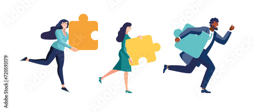 Jigsaw puzzles are great element of team work and search for ideas. Business teamwork together people connect puzzle elements, Businessman, African American, girls. Vector illustration in flat style