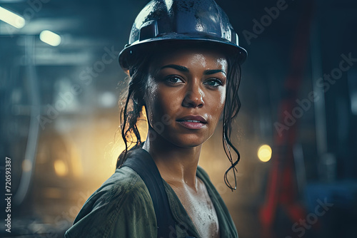  Resolute Female Worker in Helmet at Industrial Site