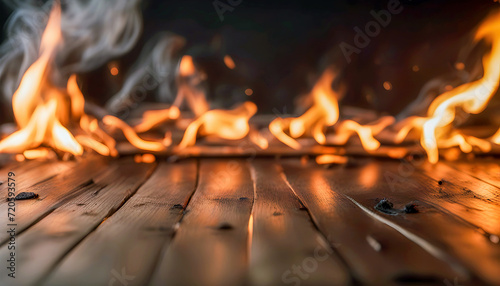 Close-up of Flames on Wooden Surface