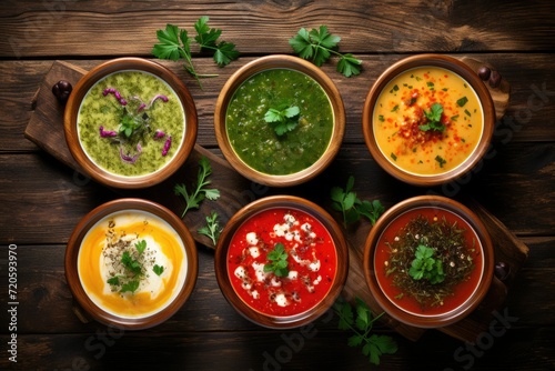 Tasty broth and different cream soups in bowls on old wooden table, flat lay, Assortment of colored vegetable cream soups, Dietary food, soup with cream and parsley, Ai generated