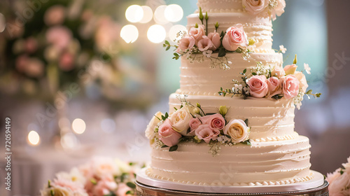 A multi-tiered wedding cake with exquisite white icing and floral decorations.