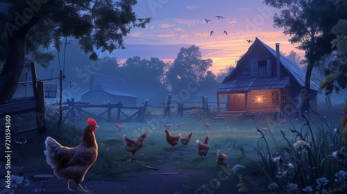 Chickens return to their cozy barn as dusk falls, surrounded by the warm glow of the sunset.