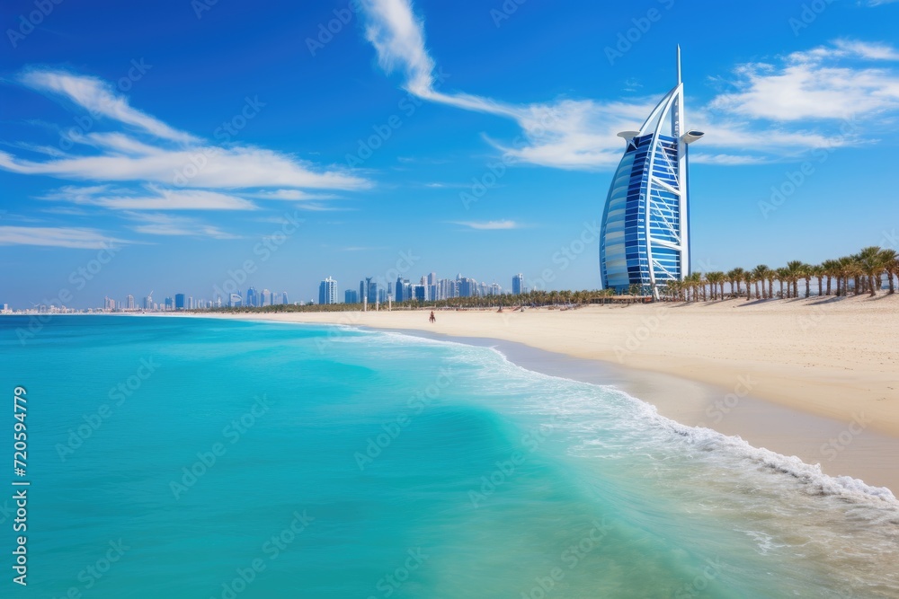 An image of a beautiful beach with a strikingly tall building standing in the background, View of the luxury beach of Dubai and Burj al Arab, AI Generated