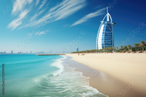 A picturesque beach scene with a towering building in the distance, View of the luxury beach of Dubai and Burj al Arab, AI Generated