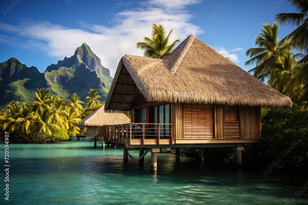 This image features a traditional hut with a thatched roof, perched on the edge of the water, Vista Bungalow Bora Bora, AI Generated This image features a traditional hut with a thatched roof, perched on the edge of the water, Vista Bungalow Bora Bora, AI Generated