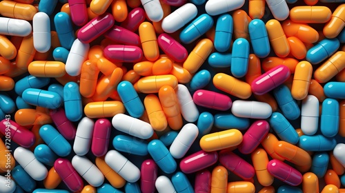 Close-up colorful medical pills and capsules background. Top view and flat. Medicine and healthcare concept photo
