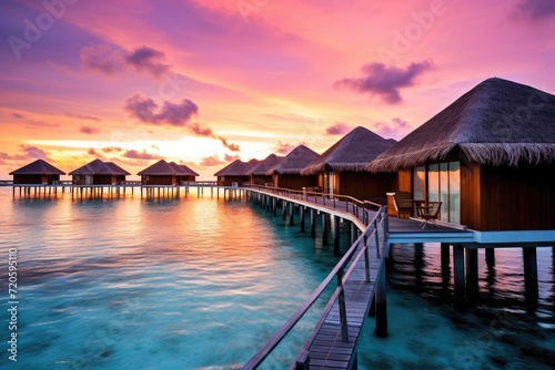 A picturesque dock leads to a line of charming overwater huts set against a serene backdrop, Water villas on Maldives resort island in the sunset, AI Generated © Ifti Digital