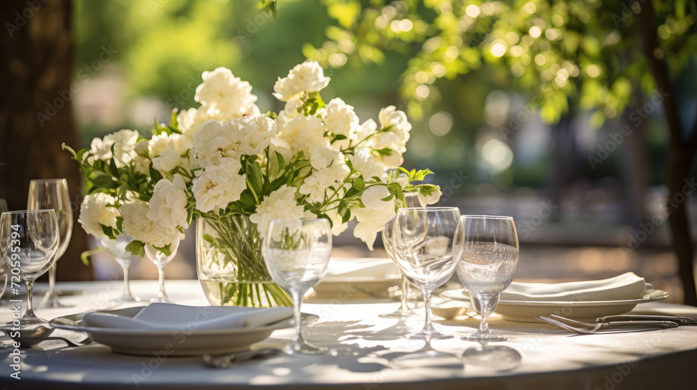 Beautiful outdoor table setting with white flowers for a dinner, wedding reception or other festive event
