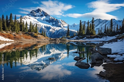 A stunning scene of a mountains majestic silhouette mirrored perfectly in the undisturbed stillness of a serene lake, Whistler mountain reflects in Lost Lake with a blue hue, AI Generated