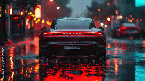 back view of the car is standing on wet pavement photo