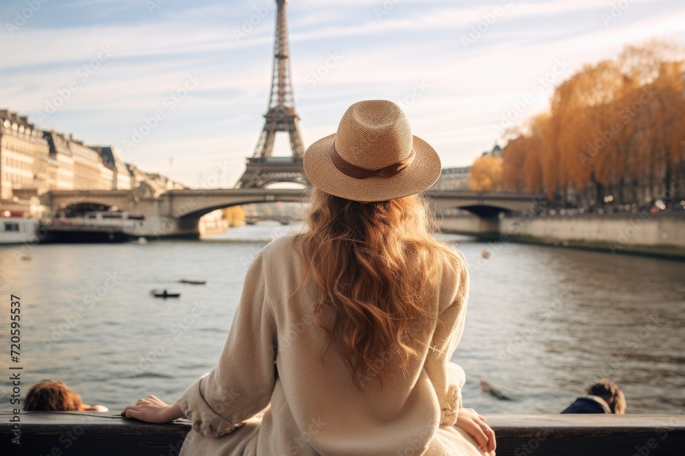 A woman wearing a hat stands, looking at the iconic Eiffel Tower in Paris, Young traveler woman rear view sitting on the quay of Seine River looking at the Eiffel Tower, AI Generated