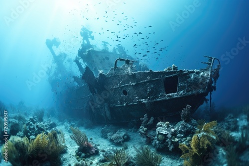 A weathered vessel from bygone times sails in the middle of the vast ocean, surrounded by endless water, Wreck of a ship in the blue sea, with scuba diving equipment, AI Generated