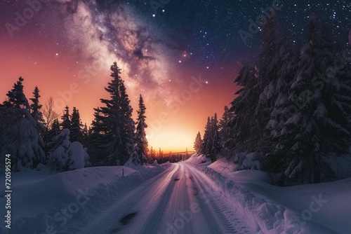 Road leading towards colorful sunrise between snow covered trees with epic milky way on the sky © Amer