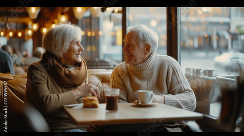 A loving elderly couple enjoying each other s company during a romantic date in a cozy little cafe