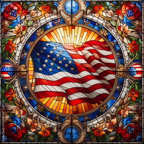 stained glass window type illustration of American flag waving in circle design with flower ornaments