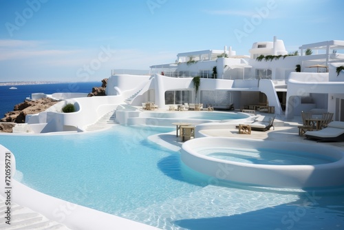 Santorini, Greece. Luxury hotel with swimming pool, Sea view, a luxury modern white beach hotel with a swimming pool, AI Generated