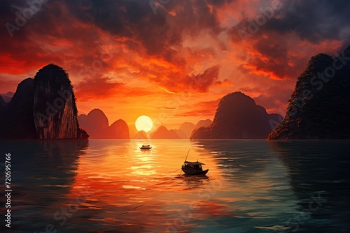 Beautiful sunset in Halong bay, Vietnam. 3D rendering, Seascape sunset at Halong Bay, AI Generated photo