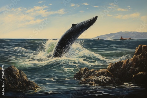 Red whale in the sea with boat. 3D illustration. Vintage style, Seascape with a whale tail, AI Generated © Ifti Digital