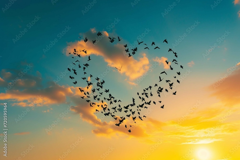 Silhouette of flying flock birds in shape heart against sky background.