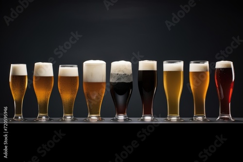 different types of beer in glasses on a black background. studio shot, Series of beer glasses in various shapes and sizes, filled with different beer styles, AI Generated photo