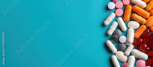 Medicine scattered pills on turquoise background. Top view with copy space.