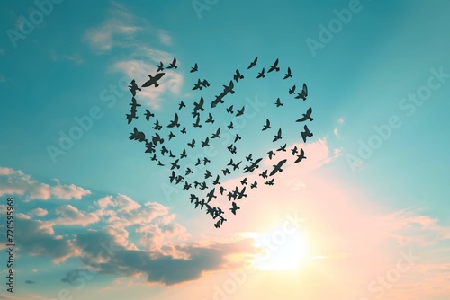 Silhouette of flying flock birds in shape heart against sky background.