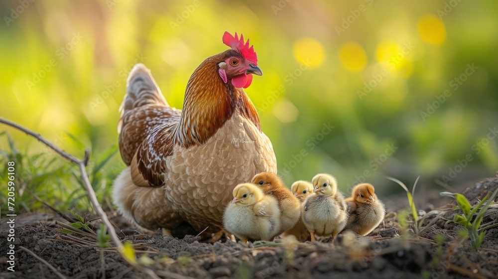 Fototapeta premium Hen with chicks in the morning sun