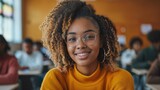 African American student sit at class and learning. School, university or college education concept. Young black teenager portrait. Person study at campus. Smiling confident girl prepare for exam.
