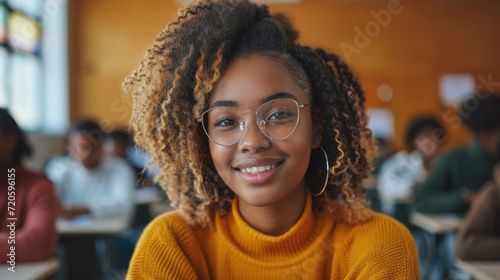 African American student sit at class and learning. School, university or college education concept. Young black teenager portrait. Person study at campus. Smiling confident girl prepare for exam. © Ellionn