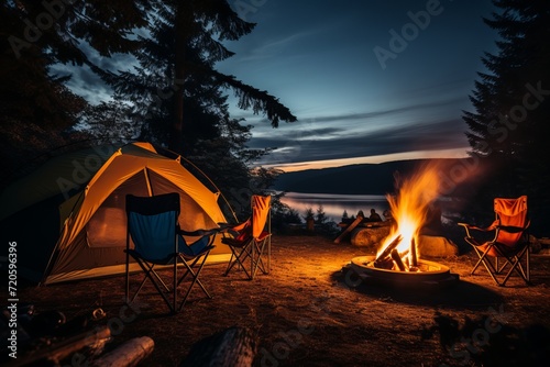 Serene campfire with burning wood, people in chairs, and camping tent amidst the forest beauty