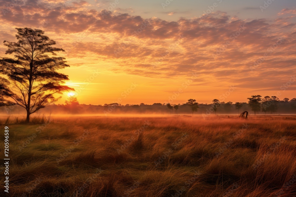 Sunset in the Okavango Delta - Moremi National Park in Botswana, Sunrise over the savanna and grass fields in central Kruger National Park, South Africa, AI Generated