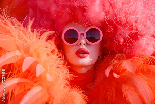 Coral Fantasy, Striking Woman Immersed in Vivid Feathers, Bold Fashion Statement