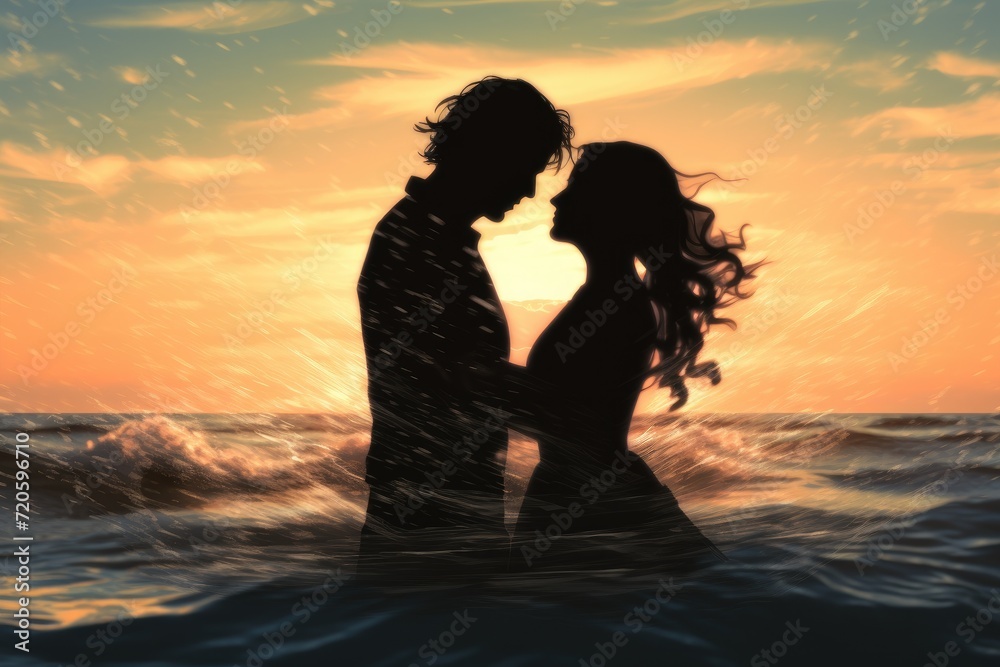 Silhouette of a young couple kissing in the sea at sunset, Silhouette of a couple in love emerging from the ocean, a summer feeling, AI Generated